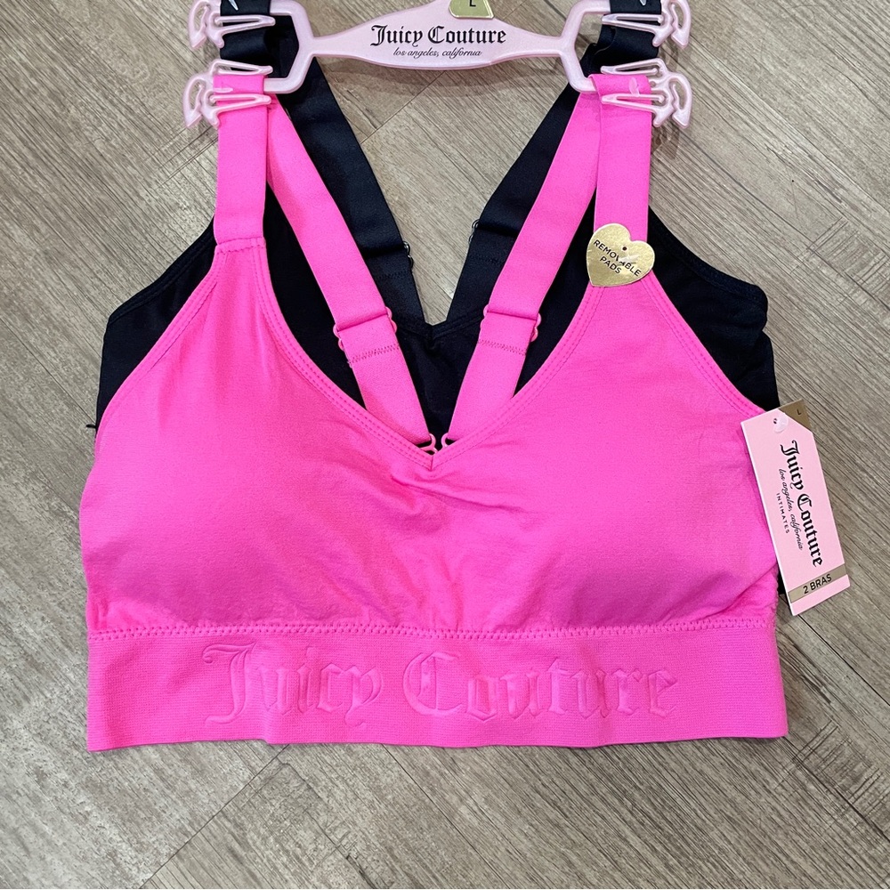 NEW Juicy Couture 2 Pack Sports Bra Hot Pink Black Logo Underband Small